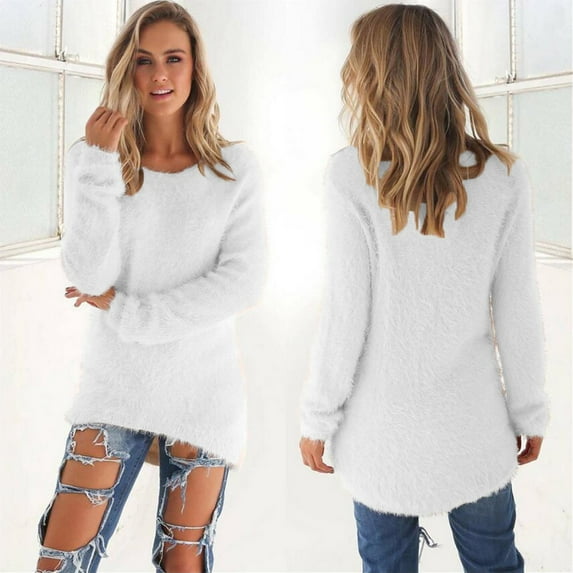 Aboser Fuzzy Sweaters for Women Warm Fleece Blouses Stretch Long Sleeve Shirts Soft Plush Long Sweater Solid Color Crew Neck Blouse Tops