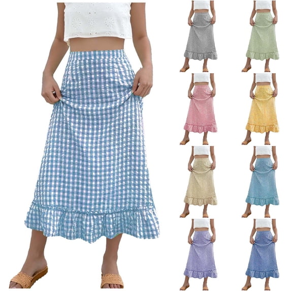 Aboser Gingham Plaid Skirts for Women Summer Casual Beach Vacation Skirt Cute Ruffle Hem Long Skirts Lightweight High Waist Aline Skirt