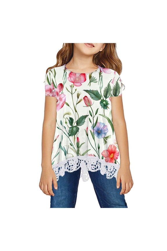 Girls Bohemia Graphic T Shirts Size 10-12 Summer Children Cute Floral T-shirts Kids Girls Fashion Short Sleeve Tops Cute Casual Crewneck Blouse Tees