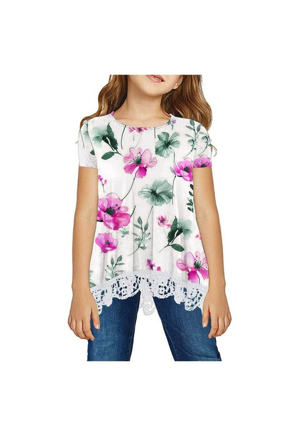 Girls Floral Graphic Tees 12-14 Girl's Trendy Short Sleeve T Shirts Crewneck Loose Fit Tunic Tops Summer Casual Blouses