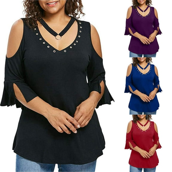 Aboser Goth T Shirts for Women Cold Shoulder Punk Tops Plus Size Womens Clothes Casual Short Sleeve Tee Shirt Loose Fit V Neck Blouses