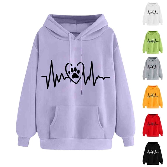 Aboser Graphic Hoodies for Women Trendy ECG Print Sweatshirts Fall Outfits Long Sleeve Drop Shoulder Pullover Tops Comfy Soft Hooded Sweatshirt with Pocket