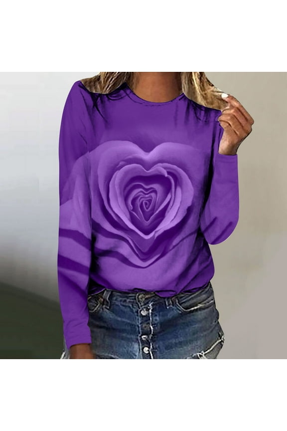 Graphic Tees for Women Casual Round Neck Solid Purple Tops Long Sleeve Flower Print Shirts Pullover Blouses Basic Tee