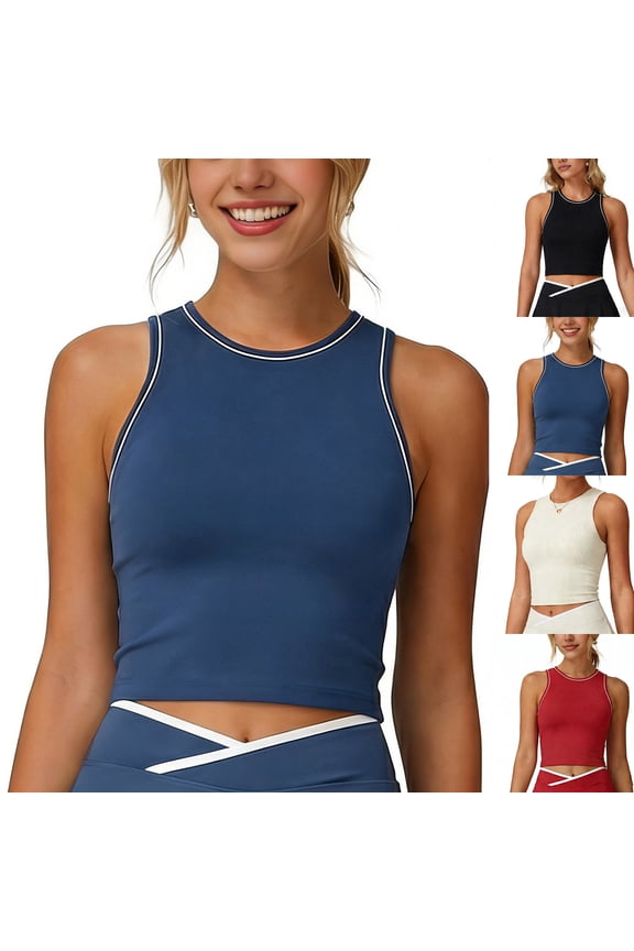 Gym Workout Tank Tops for Women High Support Yoga Crop Top Active Crew Neck Racerback Bras Push Up Sleeveless Running Shirt