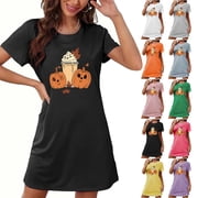 Aboser Halloween Nightgown for Women Short Sleeve Sleepwear Funny Orange Pumpkin Graphic Nightshirts Loose Crew Neck Sleep Dress Soft Comfy Loungewear