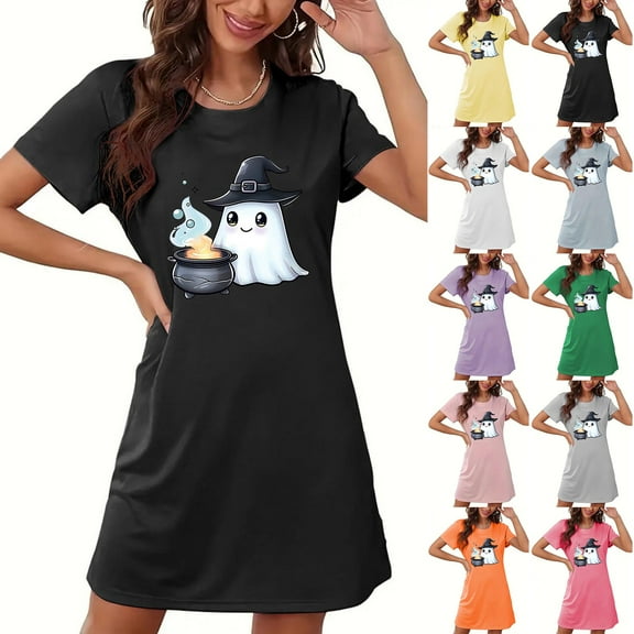 Aboser Halloween Pajama Nightgowns for Women Fashion Print Short Sleeve Sleepwear Dress Casual Loose Fit Nightshirt Breathable Round Neck Loungewear