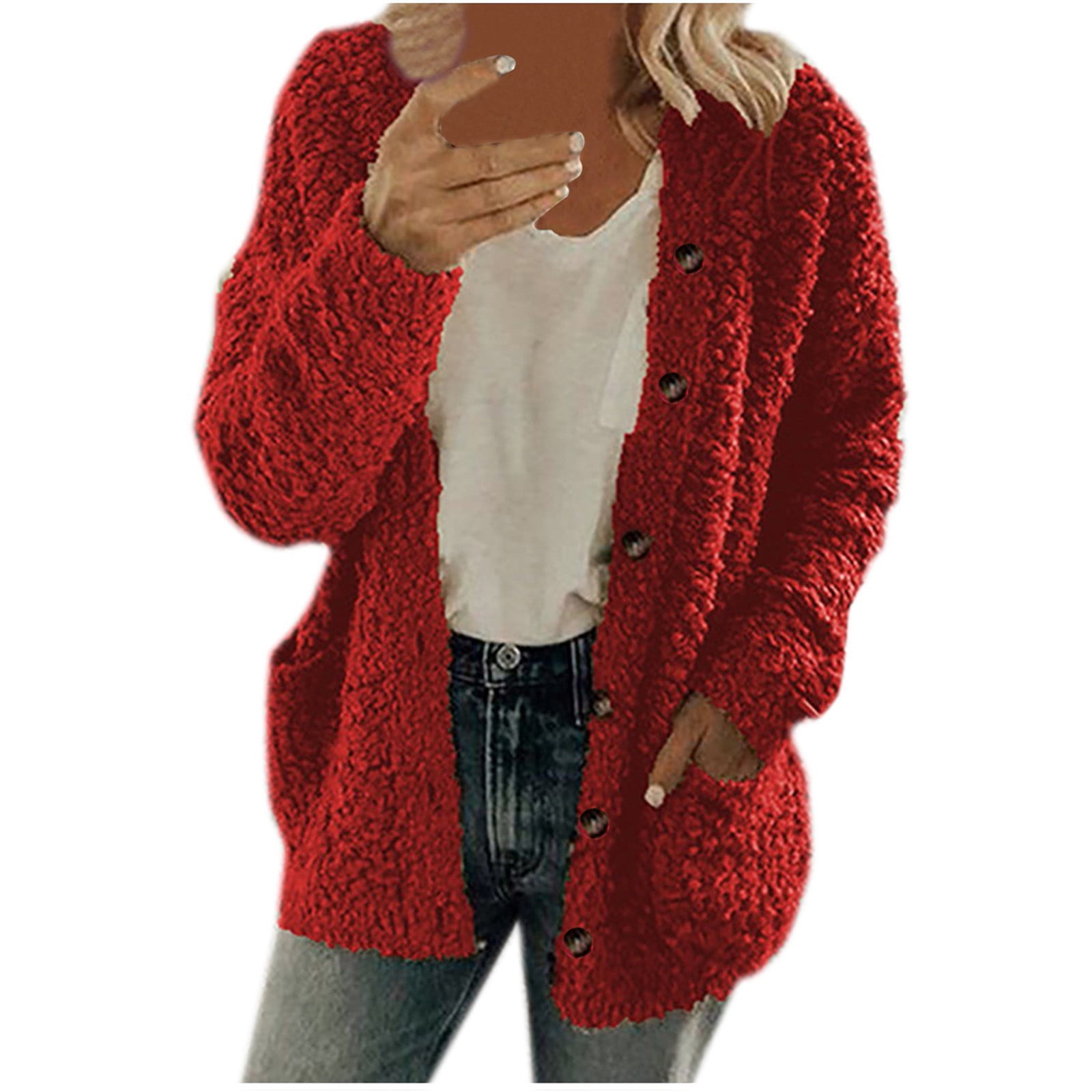 Halloween Sweaters for Women Open Front Fleece Sweater Jacket Plus Size Button Down Coat Winter Warm Outwear Cardigans with Pockets Red S