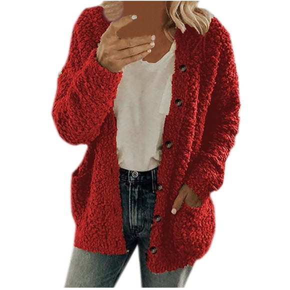 Aboser Halloween Sweaters for Women Open Front Fleece Sweater Jacket Plus Size Button Down Coat Winter Warm Outwear Cardigans with Pockets Red S