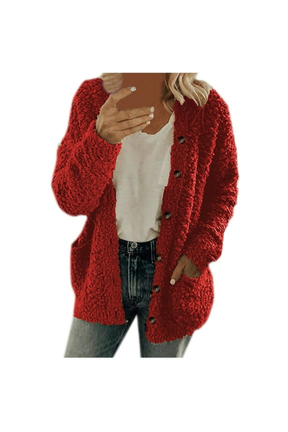 Halloween Sweaters for Women Open Front Fleece Sweater Jacket Plus Size Button Down Coat Winter Warm Outwear Cardigans with Pockets Red S