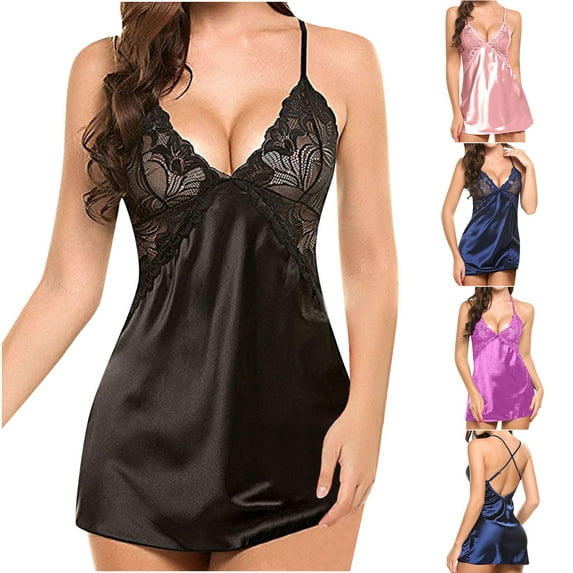 Aboser Halter Neck Lingerie for Women Silk Satin Nightgowns Sexy Full Slip Babydoll Negligee V Neck Open Back Nighty Sleepshirt Casual Sleeveless Mini Chemise Sleepwear