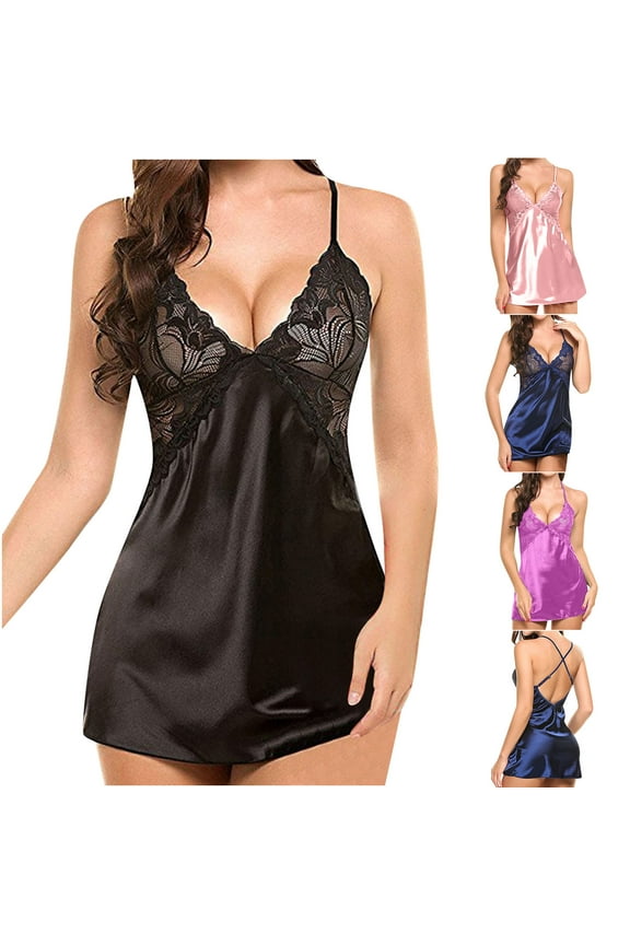 Halter Neck Lingerie for Women Silk Satin Nightgowns Sexy Full Slip Babydoll Negligee V Neck Open Back Nighty Sleepshirt Casual Sleeveless Mini Chemise Sleepwear