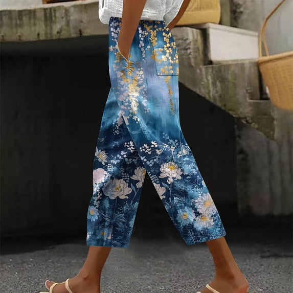 Aboser Hawaii Capri Pants for Women Casual Tropical Floral Print Pants Elastic High Waist Drawstring Capris Summer Beach Vacation Trousers with Pockets