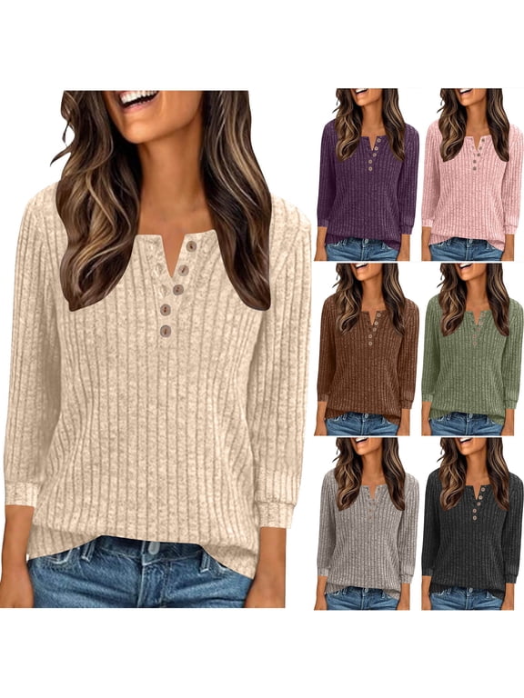 Henley Shirts for Women Ribbed Knit Tunic Sweaters Cozy Soft Long Sleeve Shirt Dressy Casual Button Up Sweater Tops Going Out Blouses