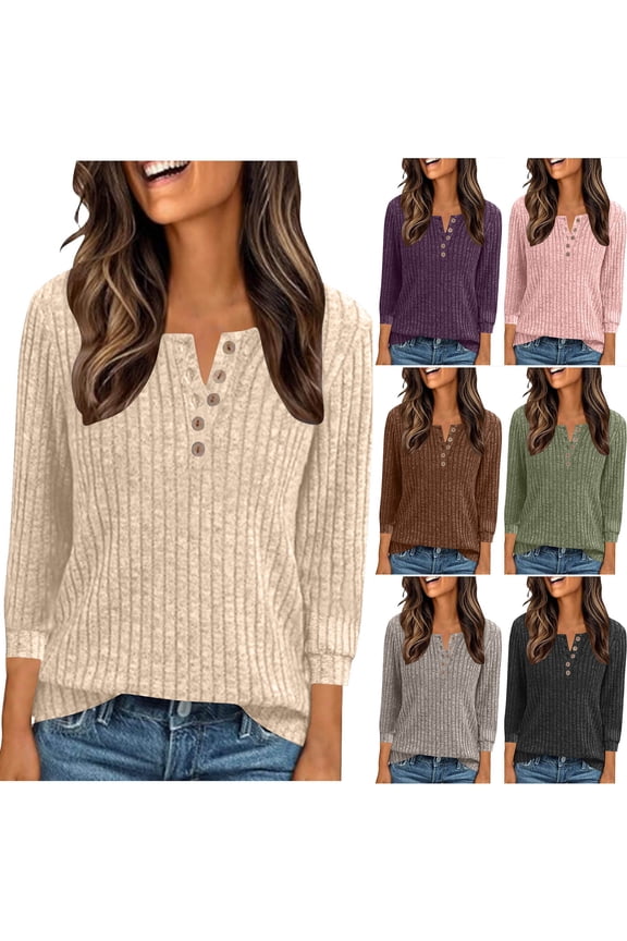 Henley Shirts for Women Ribbed Knit Tunic Sweaters Cozy Soft Long Sleeve Shirt Dressy Casual Button Up Sweater Tops Going Out Blouses