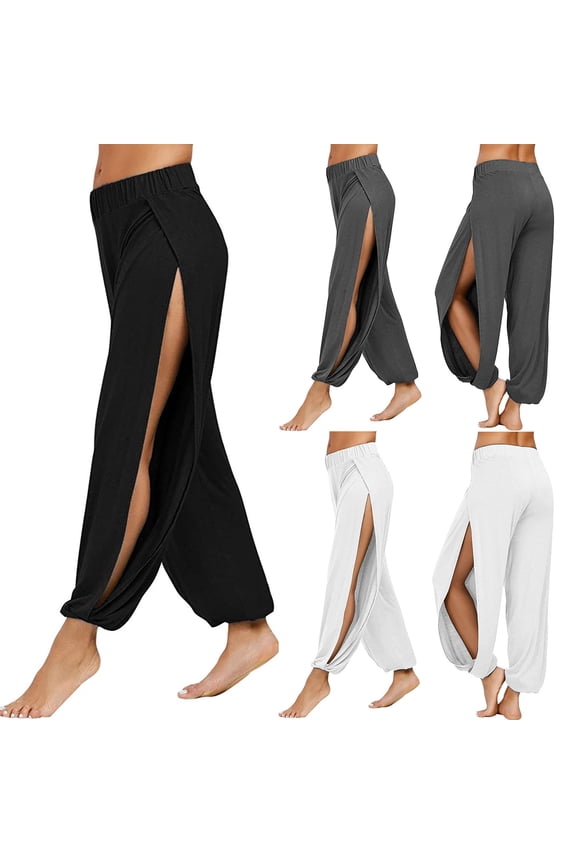 High Slit Harem Pants for Women Hippie Yoga Joggers Active Fit Workout Sweatpants Baggy Straight Leg Long Pants Stretchy High Waisted Trousers