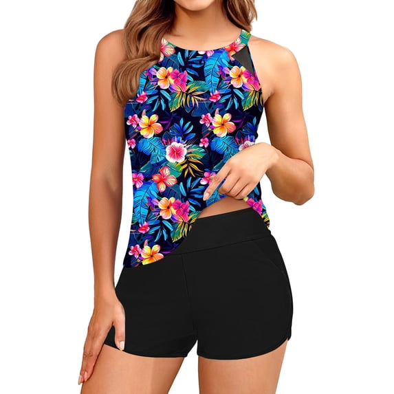 Aboser High Waisted Tankini Bathing Suits for Women Trendy Colorful Floral Print Swimsuits High Neck Swim Top and Buttom Outfits Tummy Control Two Piece Swimwear Set Multicolor L