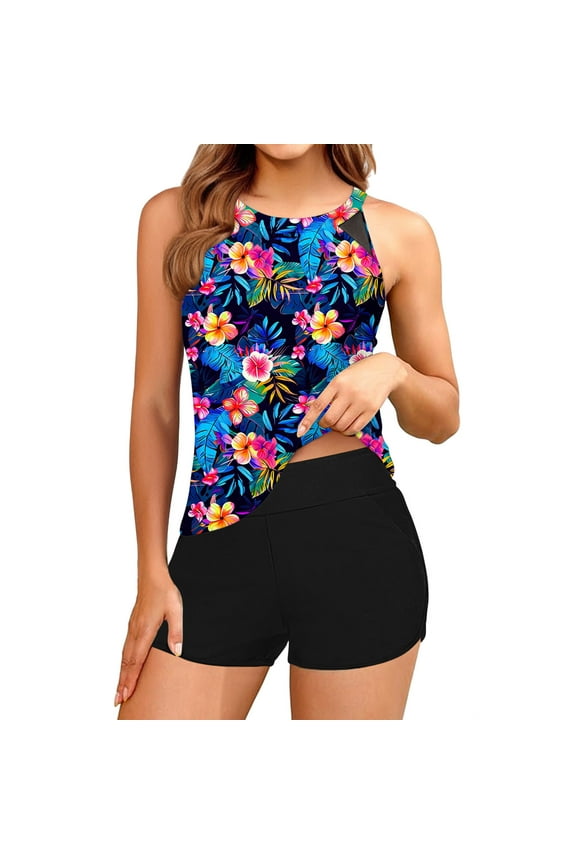 High Waisted Tankini Bathing Suits for Women Trendy Colorful Floral Print Swimsuits High Neck Swim Top and Buttom Outfits Tummy Control Two Piece Swimwear Set Multicolor L