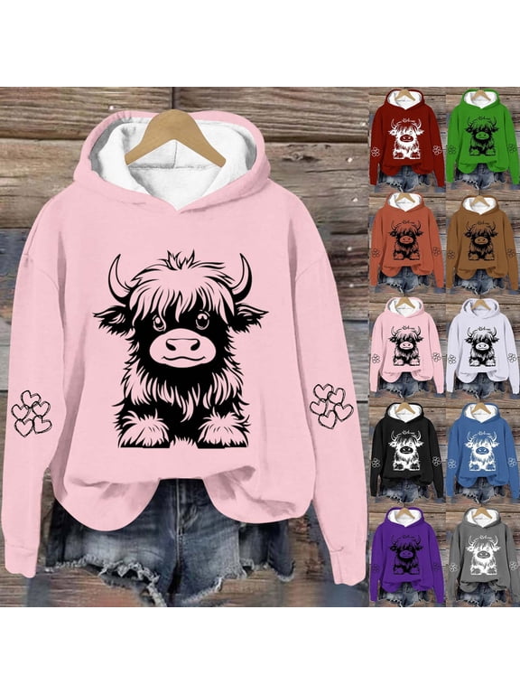 Highland Cow Hoodies for Women Funny Graphic Cowgirl Long Sleeve Sweatshirts Cute Tops Lightweight Comfy Pullovers Loose Fit Drop Shoulder Hoodie