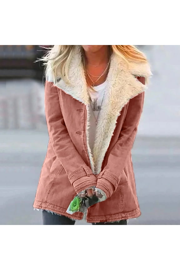 Jackets for Women Winter, Warm Sherpa Lined Coats Plus Size Faux Suede Pea Coat Outwear Classic-Fit Soft Fleece Jacket Overcoat