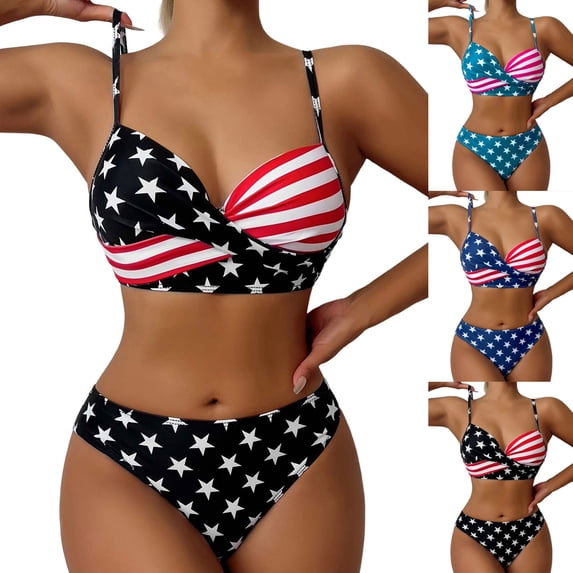 Aboser July 4th Patriotic American Flag Low Rise Bikini Set (Women's Plus), 2-Piece Set