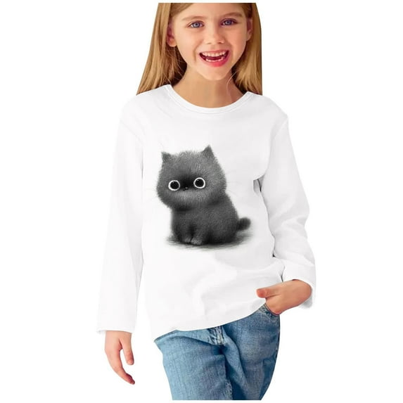 Aboser Kids Boys Graphic Tee with Long Sleeves Casual Plain T-Shirts Cute Cat Print Tees Soft Round Neck Layering Tops Toddler Girls Basic Tunic Blouse
