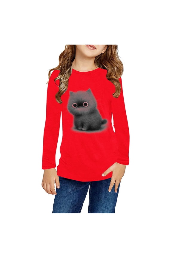 Kids Boys Graphic Tee with Long Sleeves Casual Plain T-Shirts Cute Cat Print Tees Soft Round Neck Layering Tops Toddler Girls Basic Tunic Blouse