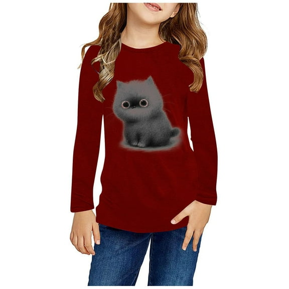 Aboser Kids Boys Graphic Tee with Long Sleeves Casual Plain T-Shirts Cute Cat Print Tees Soft Round Neck Layering Tops Toddler Girls Basic Tunic Blouse