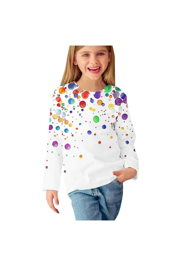 Kids Long Sleeve Shirts Boys Fashion Polka Dot Printing Tops Casual Round Neck Tunic Top Toddler Girls Boys Soft Loose Tees Size 110-170