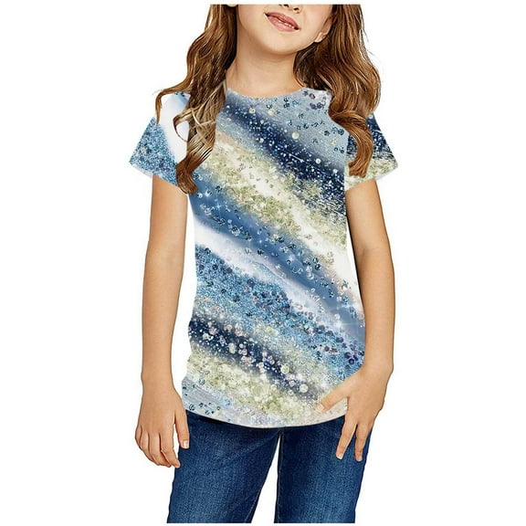 Aboser Kids T Shirts for Boys Size 6-7 Girl's Striped Sequin Print Tops Casual Short Sleeve Shirt Crewneck Loose Fit Tunic Tops Summer Tee Blouses Blue 5-6 Years