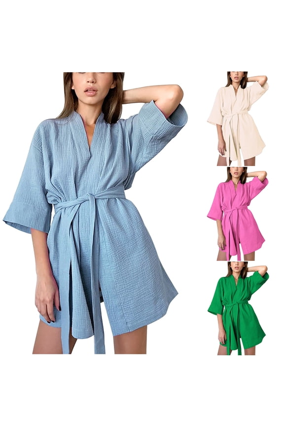 Kimono Robes for Women 3/4 Sleeve Short Bathrobes Comfy Casual House Towel Robe Loose Fit Loungewear Soft Breathable Pajamas Blue M