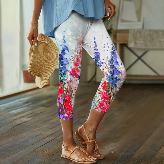 Aboser Knee Length Capri Leggings for Women Beach Floral Print Capris Pants Summer High Waisted Yoga Jeggings Stretch Cropped Yoga Pants Comfy Casual Workout Tights