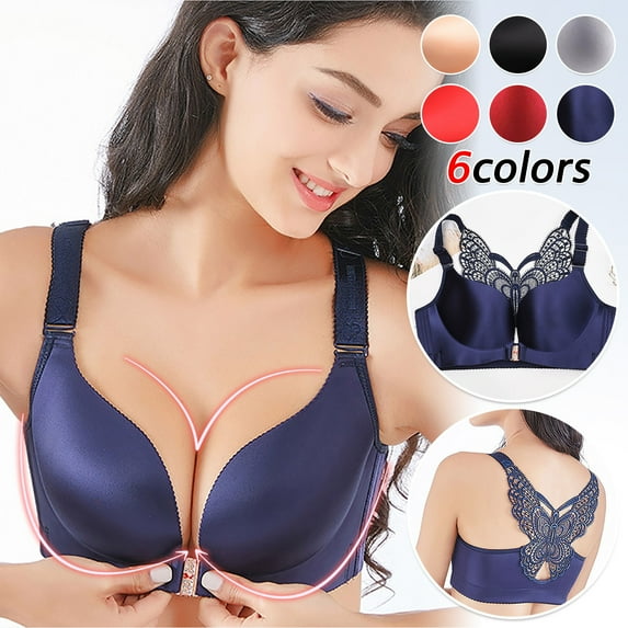 Aboser Lace Bras for Women Front Closure Wireless Bras Butterfly Back Embroidery Bralettes Smoothing Full Coverage Bra Push Up Seamless Bras Black 44E