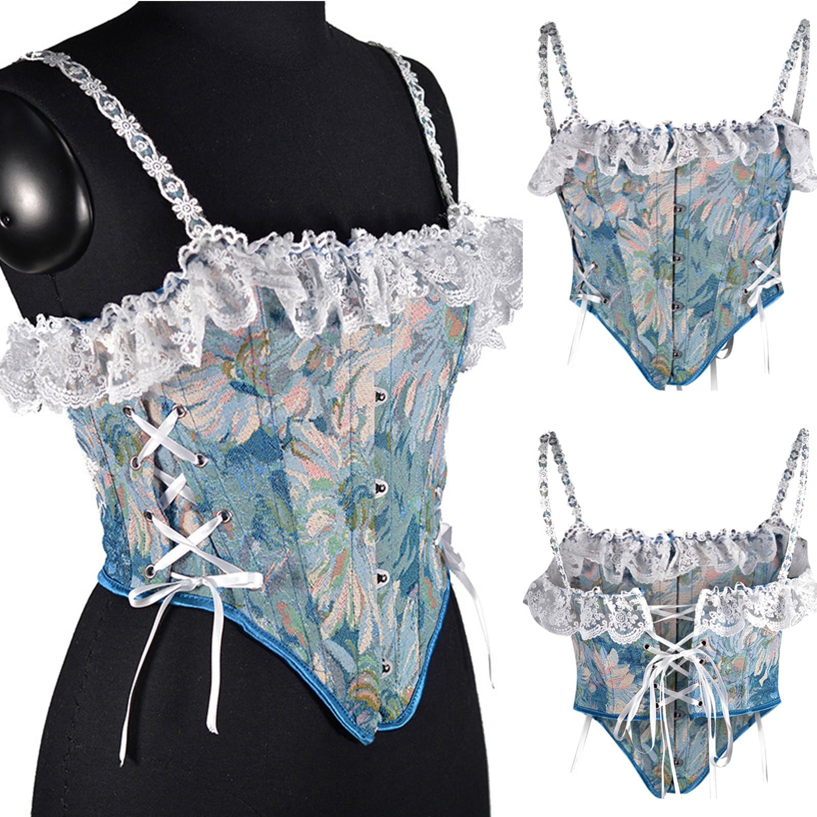 Vintage Floral Corset Top Sexy Retro Flower Push Up Bustier Tie Up