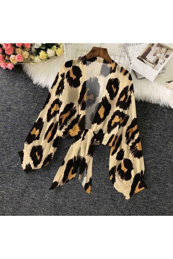 Leopard Print Chiffon Cardigans for Women Trendy Tie Knot Bolero Cardigan Casual Puff Sleeve Shawls Lightweight Open Front Cover Ups