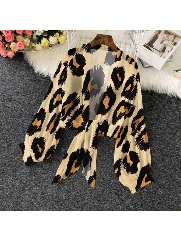 Leopard Print Chiffon Cardigans for Women Trendy Tie Knot Bolero Cardigan Casual Puff Sleeve Shawls Lightweight Open Front Cover Ups