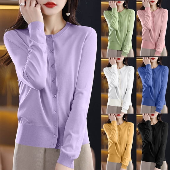 Aboser Lightweight Cardigan Sweaters for Women Button Up Long Sleeve Knitwear Comfy Casual Crewneck Cardigans Fall Basic Knit Sweater Tops