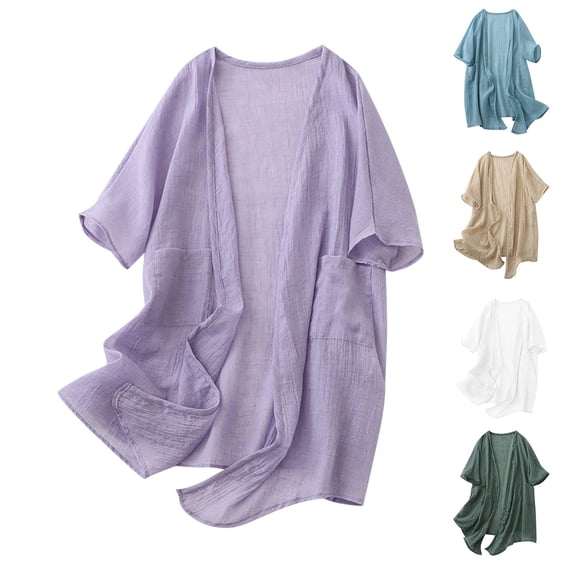 Aboser Lightweight Cardigan for Women Summer Short Sleeve Cover Up Casual Open Front Cardigans Loose Fit Solid Blouse Tops Ladies Thin Cardigan Purple XXL