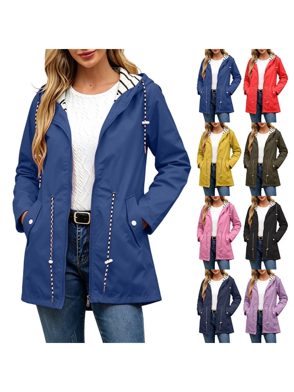 Lightweight Waterproof Rain Jacket Women Plus Size Stripes Lined Raincoat Outdoor Active Climbing Hiking Windbreaker Zip Up Hooded Rain Coats with Pockets