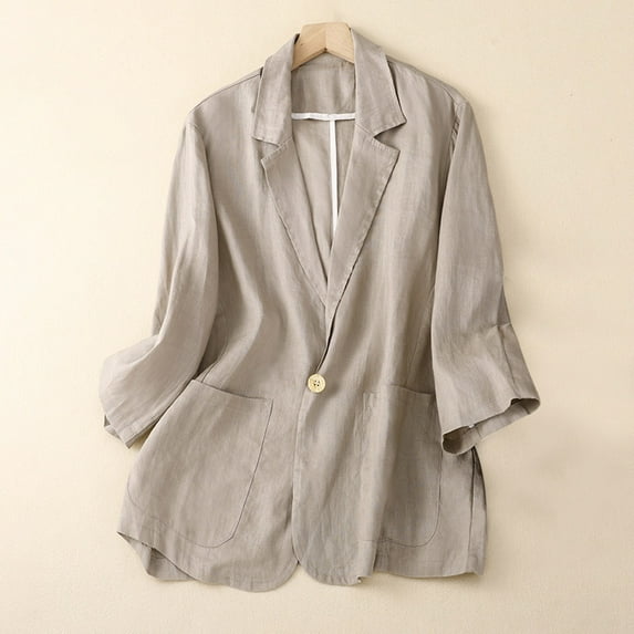 Aboser Linen Blazer for Women Long Sleeves Button Cardigan Solid Lapel Oversized Jacket Lightweight Work Office Fall Coat
