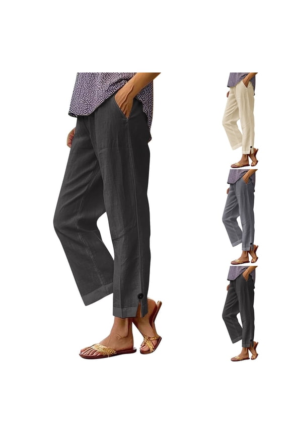 Linen Pants for Women Summer Casual Petite Pants Breathable Cotton Linen Trousers Loose Wide Leg Lounge Pant with Pockets