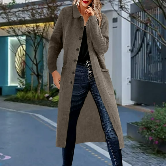 Aboser Long Cardigans for Women Trendy Button Down Sweater Coat Slim Fit Solid Knitwear Maxi Length Lapel Cardigan Thick Long Sleeve Outwear Coats