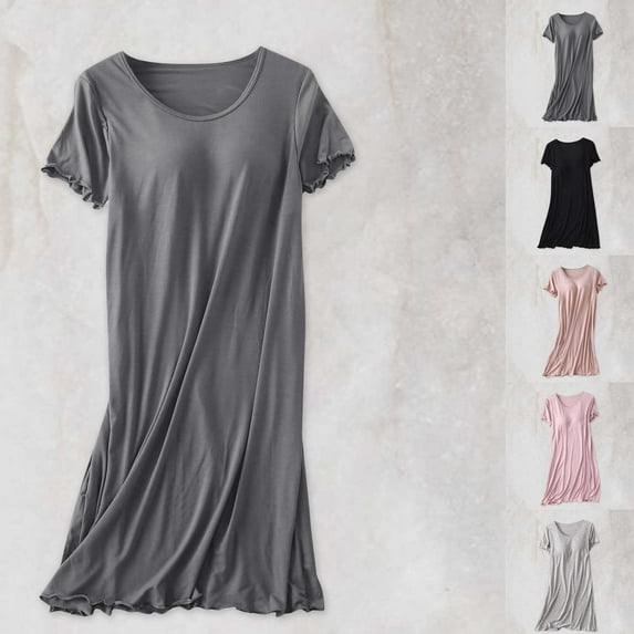 Aboser Long Nightgowns for Women with Built in Bra Cotton Nightshirts Cozy Modal Short Sleeve Sleepdress Casual Crew Neck Loungewear Solid Color Padded Sleepshirt