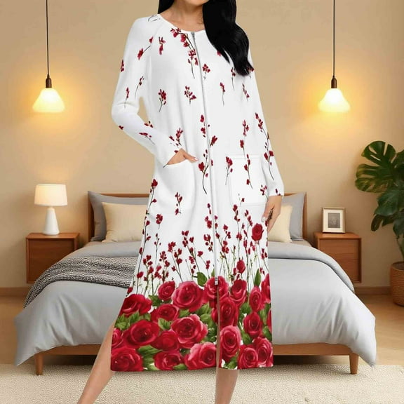 Aboser Long Robes for Women Elegant Floral Print Bathrobe Lightweight Zipper Front Nightgown Casual Long Sleeve Loungewear Comfy Soft Housecoat with Pockets