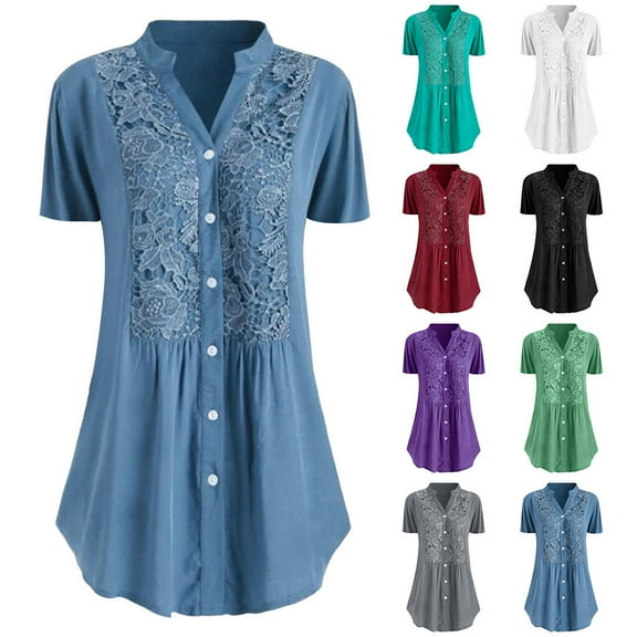 Aboser Long Shirts for Women Short Sleeve Embroidery Tunic Tops Elegant Button Down Work Shirt Summer V Neck T Shirts Plus Size Tops for Women Dressy Casual Blouses