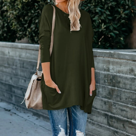 Aboser Long Shirts for Women Plus Size Basic Tees Solid Color Casual Tops Loose Fit Base Tee Top Lightweight Long Sleeve Tshirts with Pockets