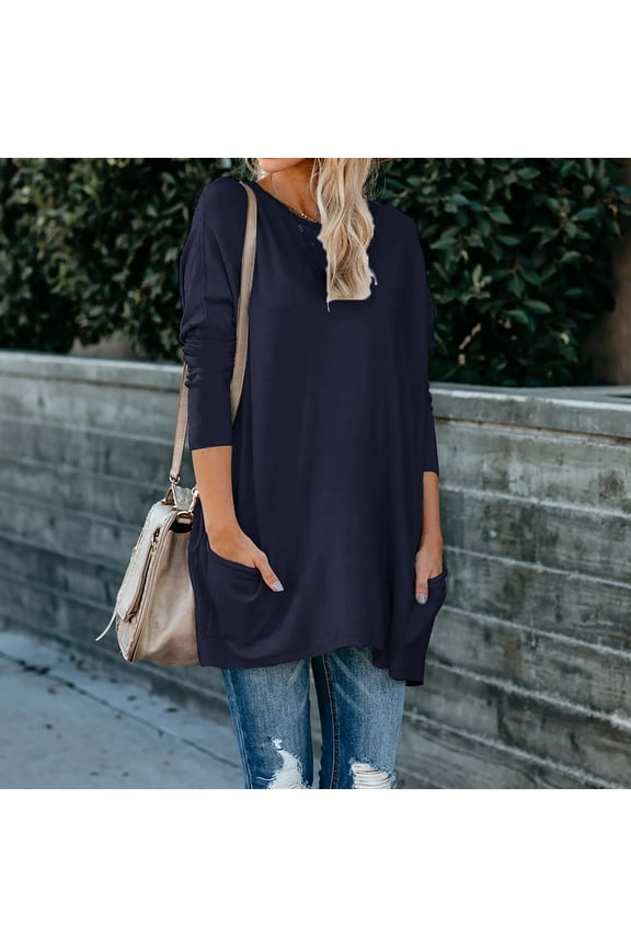 Long Shirts for Women Plus Size Basic Tees Solid Color Casual Tops Loose Fit Base Tee Top Lightweight Long Sleeve Tshirts with Pockets