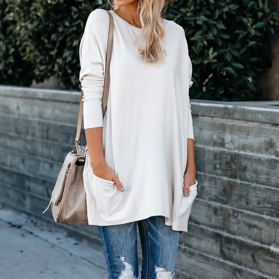 Aboser Long Shirts for Women Plus Size Basic Tees Solid Color Casual Tops Loose Fit Base Tee Top Lightweight Long Sleeve Tshirts with Pockets