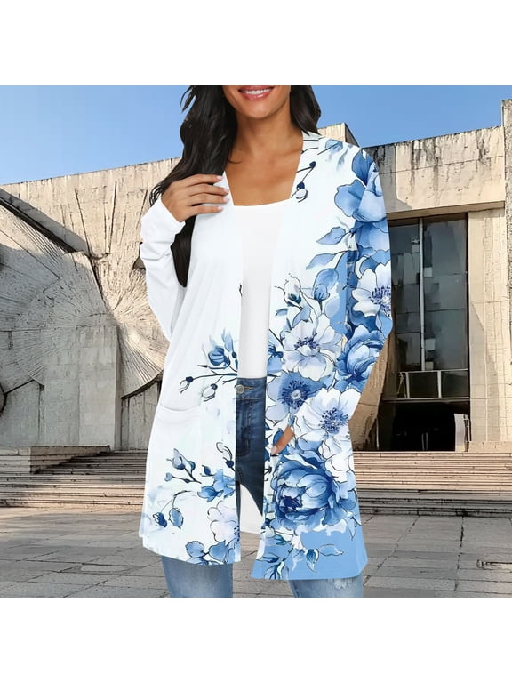 Long Sleeve Cardigans for Women Retro Boho Floral Printing Blouses Lightweight Open Front Long Cardigan Loose Fit Blouse with Pockets