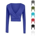 thumbnail image 1 of Aboser Long Sleeve Cropped Shirts for Women Y2k Tops Trendy Deep V Neck T-Shirt Lightweight Slim Fit Basic Tees Casual Solid Color Tee Top Black L, 1 of 4