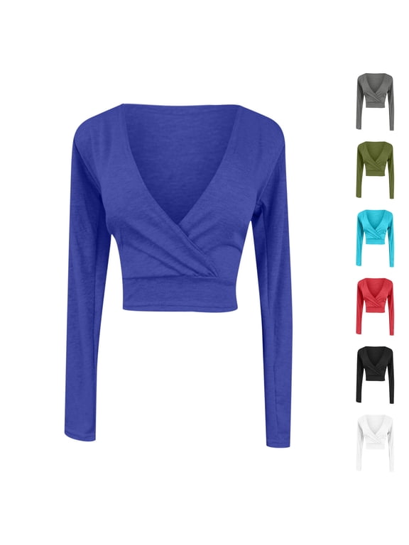 Long Sleeve Cropped Shirts for Women Y2k Tops Trendy Deep V Neck T-Shirt Lightweight Slim Fit Basic Tees Casual Solid Color Tee Top Black S